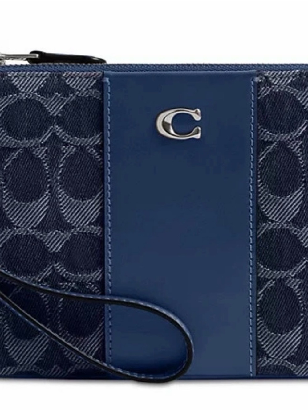 Coach Blue Signature Canvas Wristlet with Leather Panel